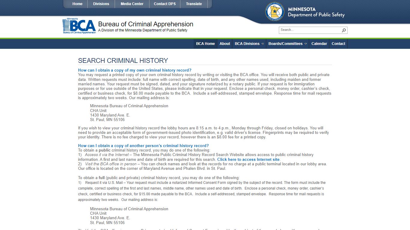 BCA Home - Search Criminal History - Minnesota Department of Public Safety